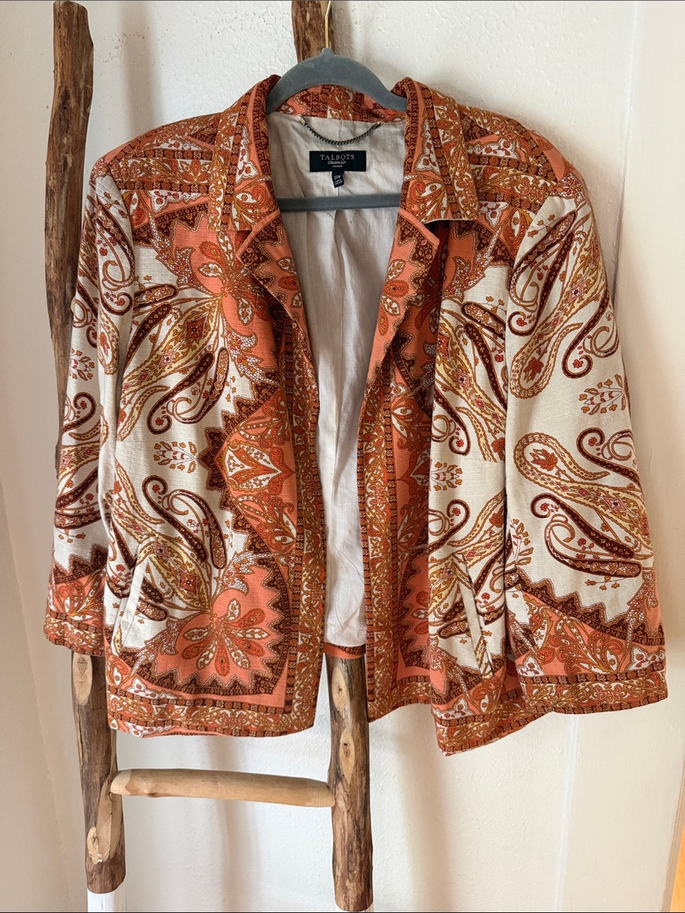 Talbots Cream and Rust Paisley Open-Front Jacket 100% Cotton 3/4 Sleeve 20 2XL